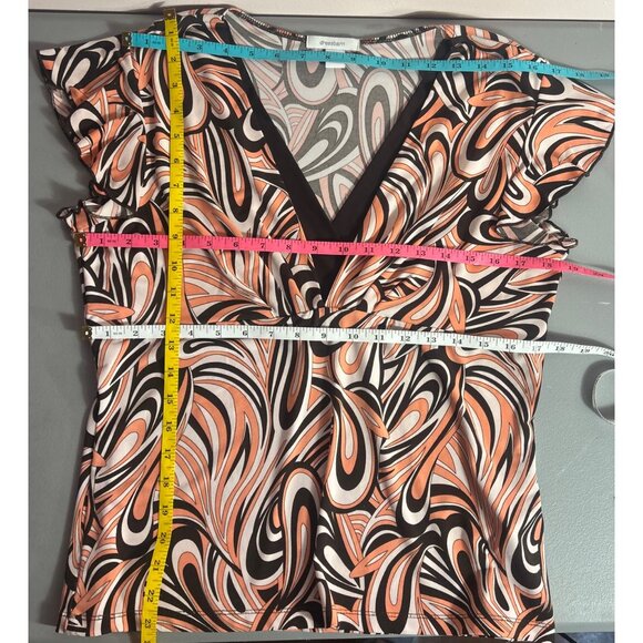 Y2K Babydoll Top Sz L Retro Psychedelic Print Brown and Coral V Neck Flutter Sle - Picture 8 of 8